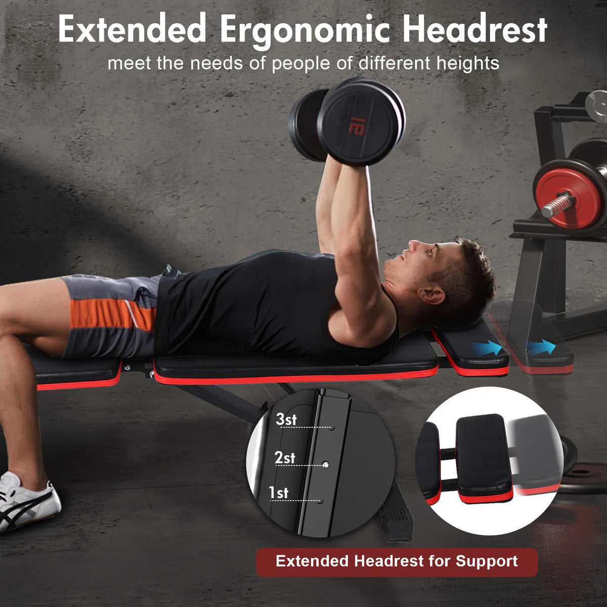 7 Level Foldable Weight Bench with Adjustable Leg Extension and Extended Headrest designed for Dumbbell Training and Full Body Strength Work