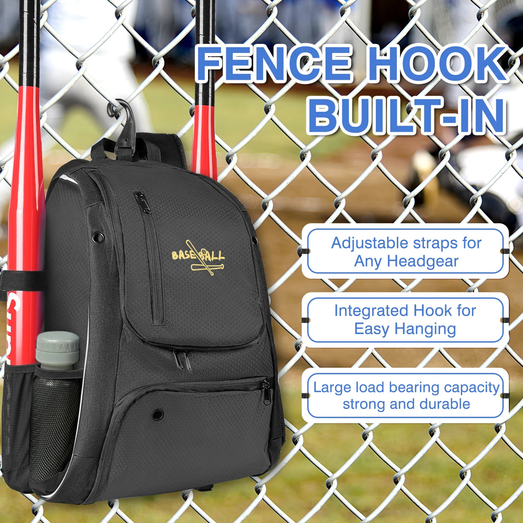 Baseball Bag Softball Bag Waterproof Backpack Shoulder Sport Bag for Youth Boys Girls Adults with Fence Hook Ball Bat Batting Glove Gear
