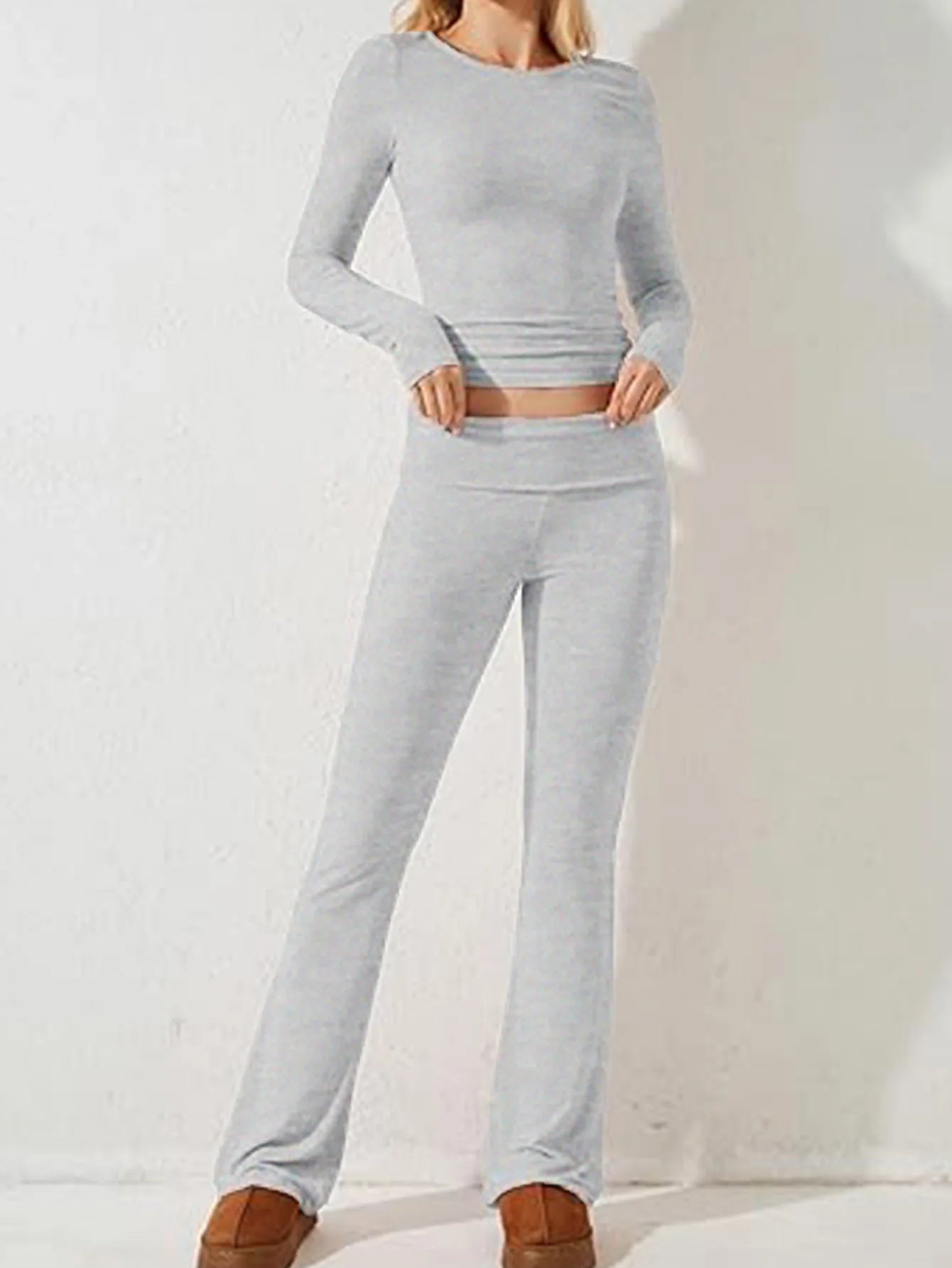 Women’s Casual Long Sleeve Knitted Pants Set Pure Color Slim Fit Spring Summer Fashionable Commute Style Ladies Suit