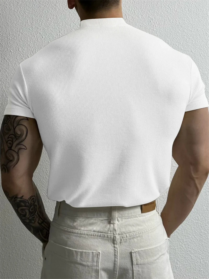Mens Small High Collar Stripe T Shirt Short Sleeve Fitness Top Casual Sport T Shirt