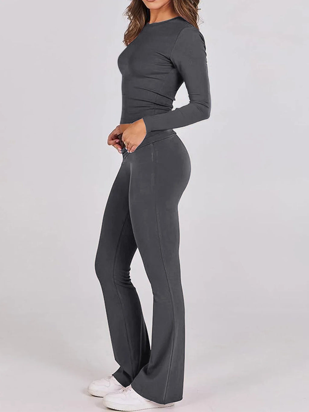 Women’s Casual Long Sleeve Knitted Pants Set Pure Color Slim Fit Spring Summer Fashionable Commute Style Ladies Suit