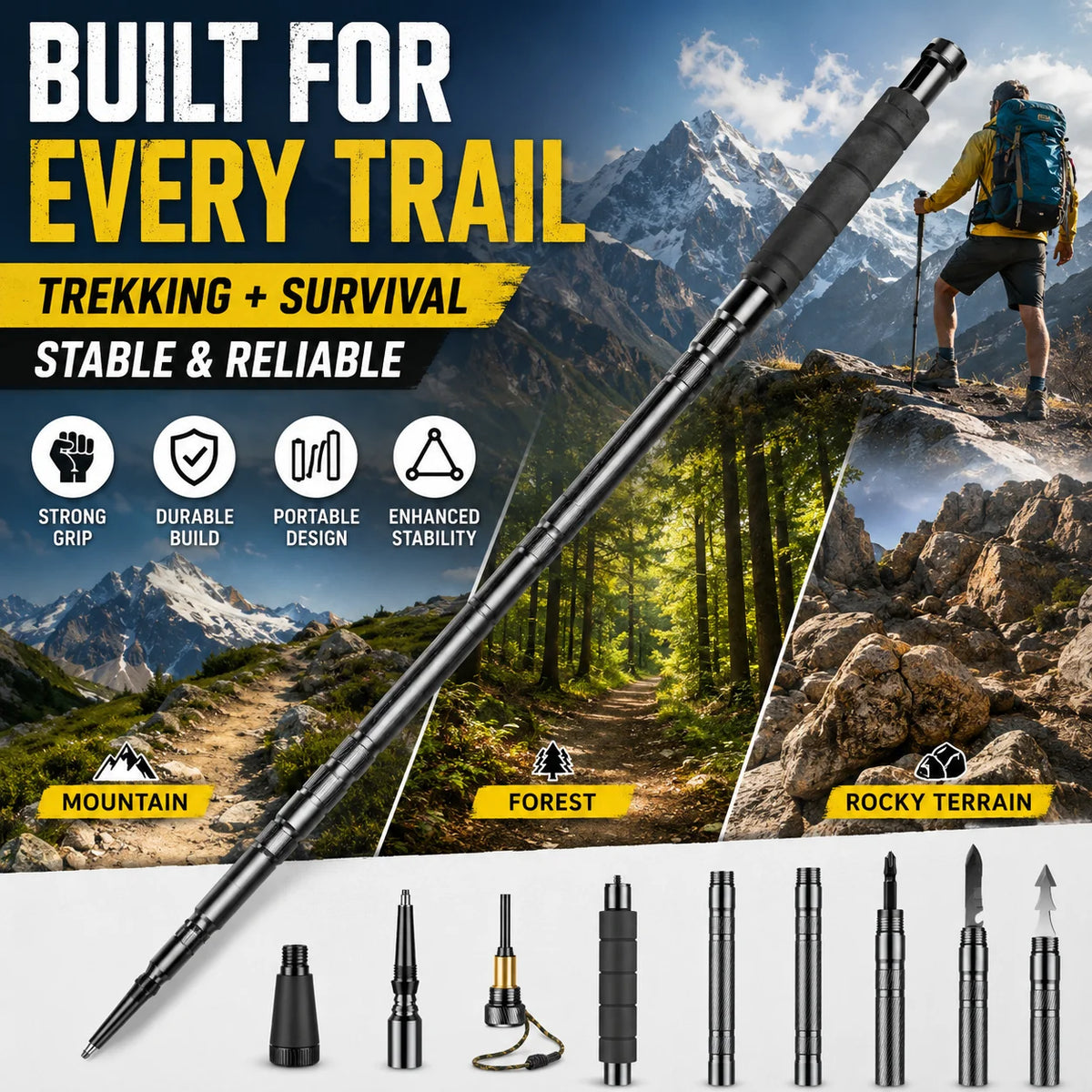 Adjustable 106cm Outdoor Walking Stick Telescopic Lightweight Trekking Pole with Non Slip Comfort Grip for Hiking Camping Travel and Daily Walking
