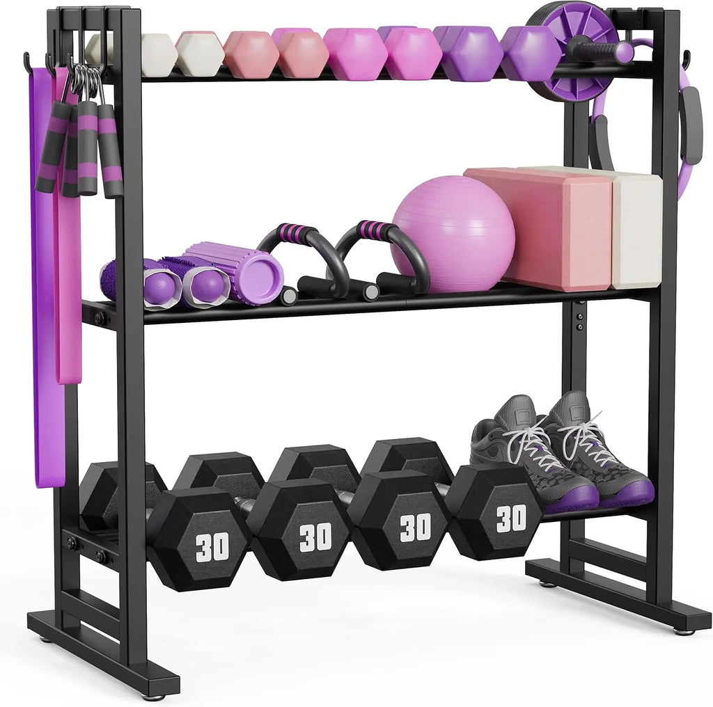 3 Tier Adjustable Dumbbell Rack with Hooks, Extended Base Home Gym Storage, Holds 450lb, Space Saving Organizer
