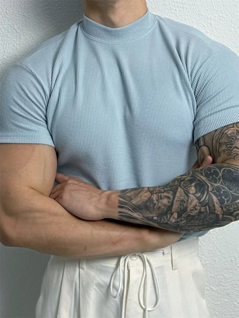 Mens Small High Collar Stripe T Shirt Short Sleeve Fitness Top Casual Sport T Shirt