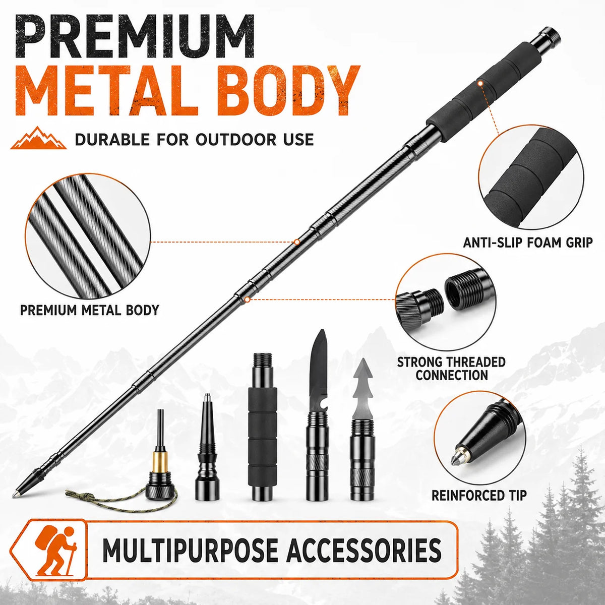 Adjustable 106cm Outdoor Walking Stick Telescopic Lightweight Trekking Pole with Non Slip Comfort Grip for Hiking Camping Travel and Daily Walking