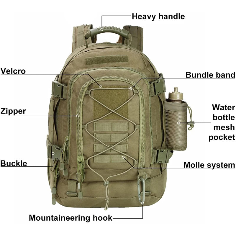 65L Outdoor Tactical Backpack Men’s Hiking Bag Large Capacity Military Army Travel Camping Rucksack