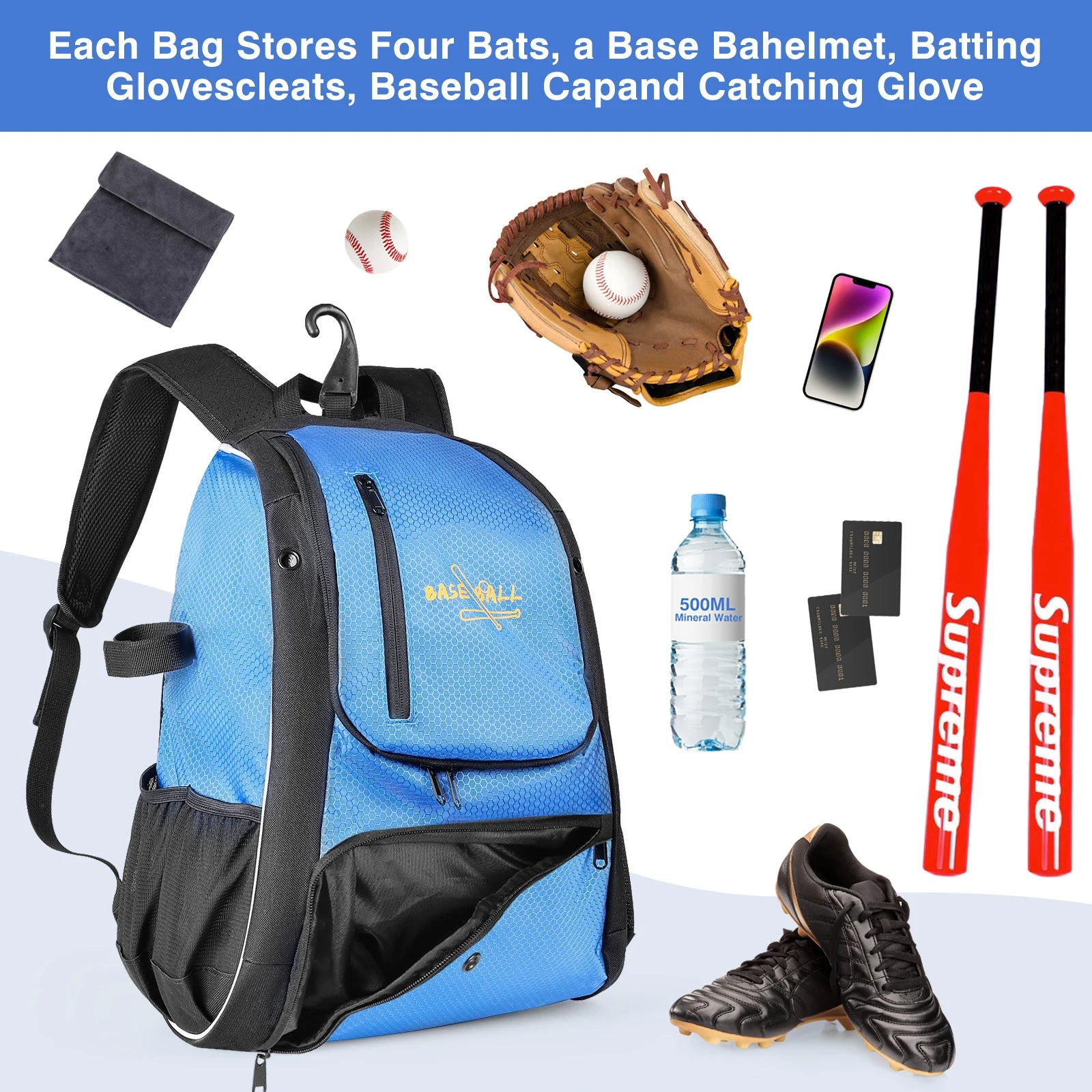 Baseball Bag Softball Bag Waterproof Backpack Shoulder Sport Bag for Youth Boys Girls Adults with Fence Hook Ball Bat Batting Glove Gear