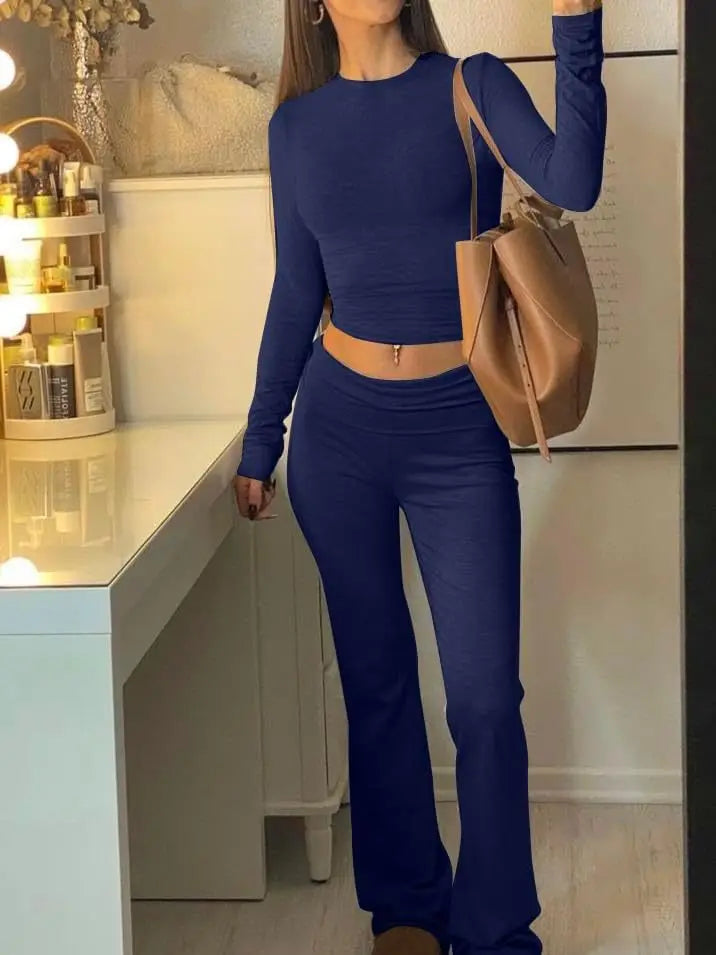 Autumn New Round Neck Short Fit Long Sleeve T Shirt Mildly Spicy Pants Casual Sports Yoga Two Piece Set Women’s Fashion