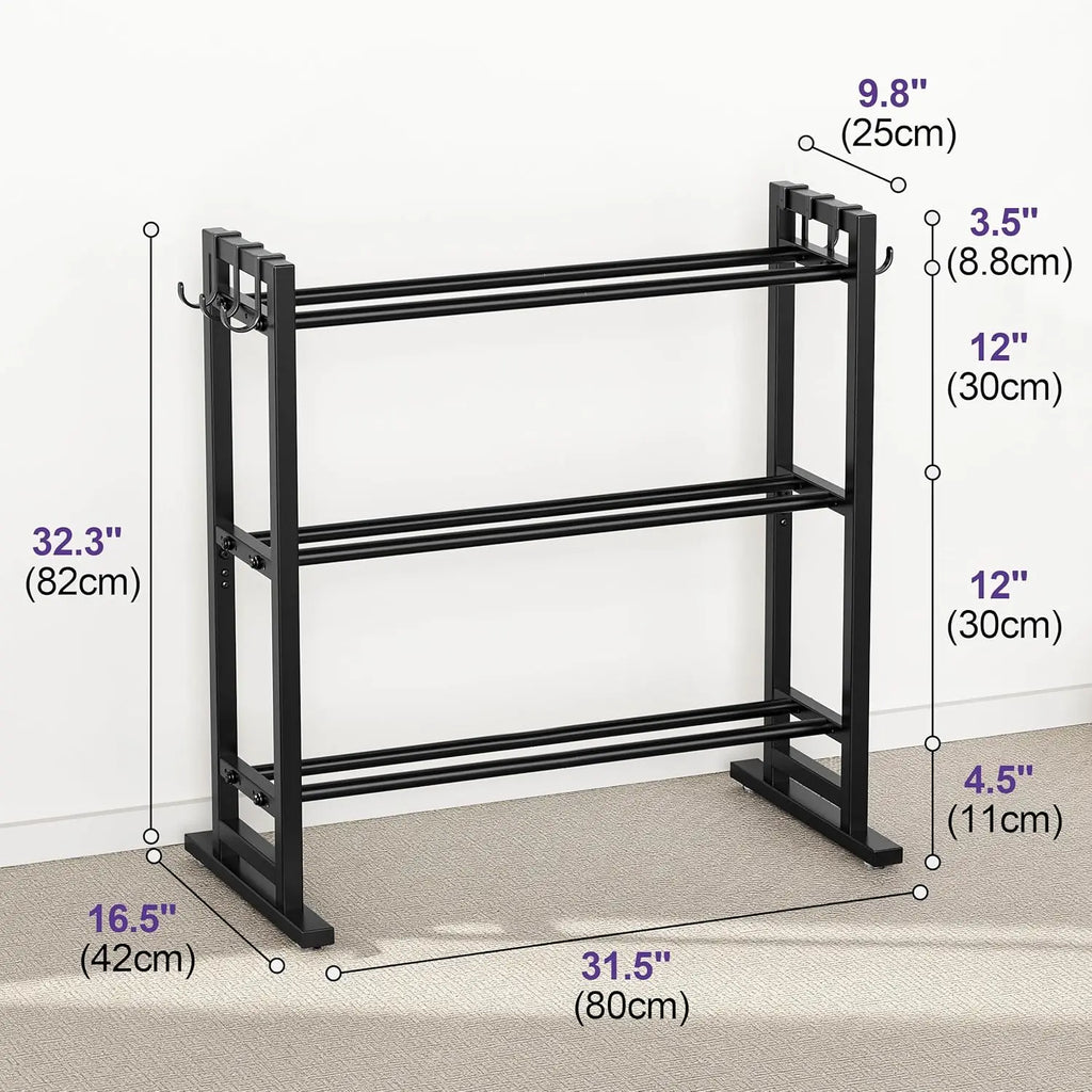 3 Tier Adjustable Dumbbell Rack with Hooks, Extended Base Home Gym Storage, Holds 450lb, Space Saving Organizer