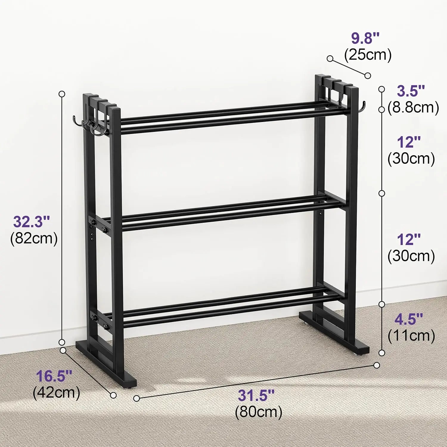 3 Tier Adjustable Dumbbell Rack with Hooks, Extended Base Home Gym Storage, Holds 450lb, Space Saving Organizer