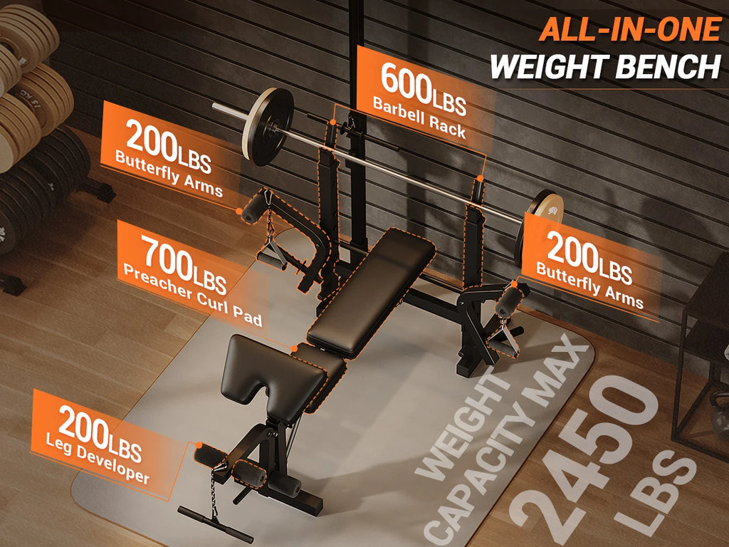 Adjustable 4 in 1 Weight Bench Set with Leg Developer Barbell Rack Butterfly Arm Preacher Foldable Workout Bench for Home Gym