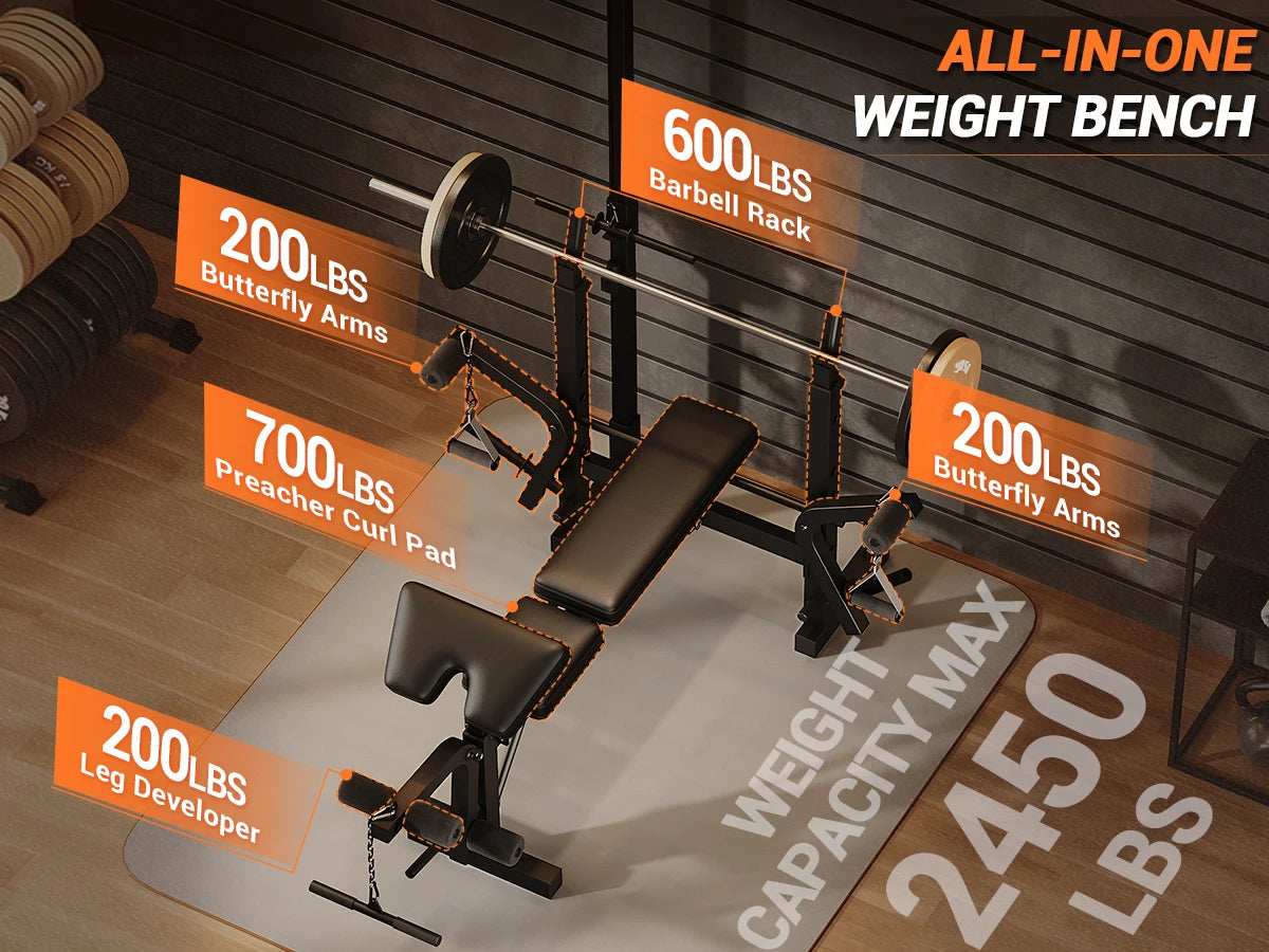 Adjustable 4 in 1 Weight Bench Set with Leg Developer Barbell Rack Butterfly Arm Preacher Foldable Workout Bench for Home Gym