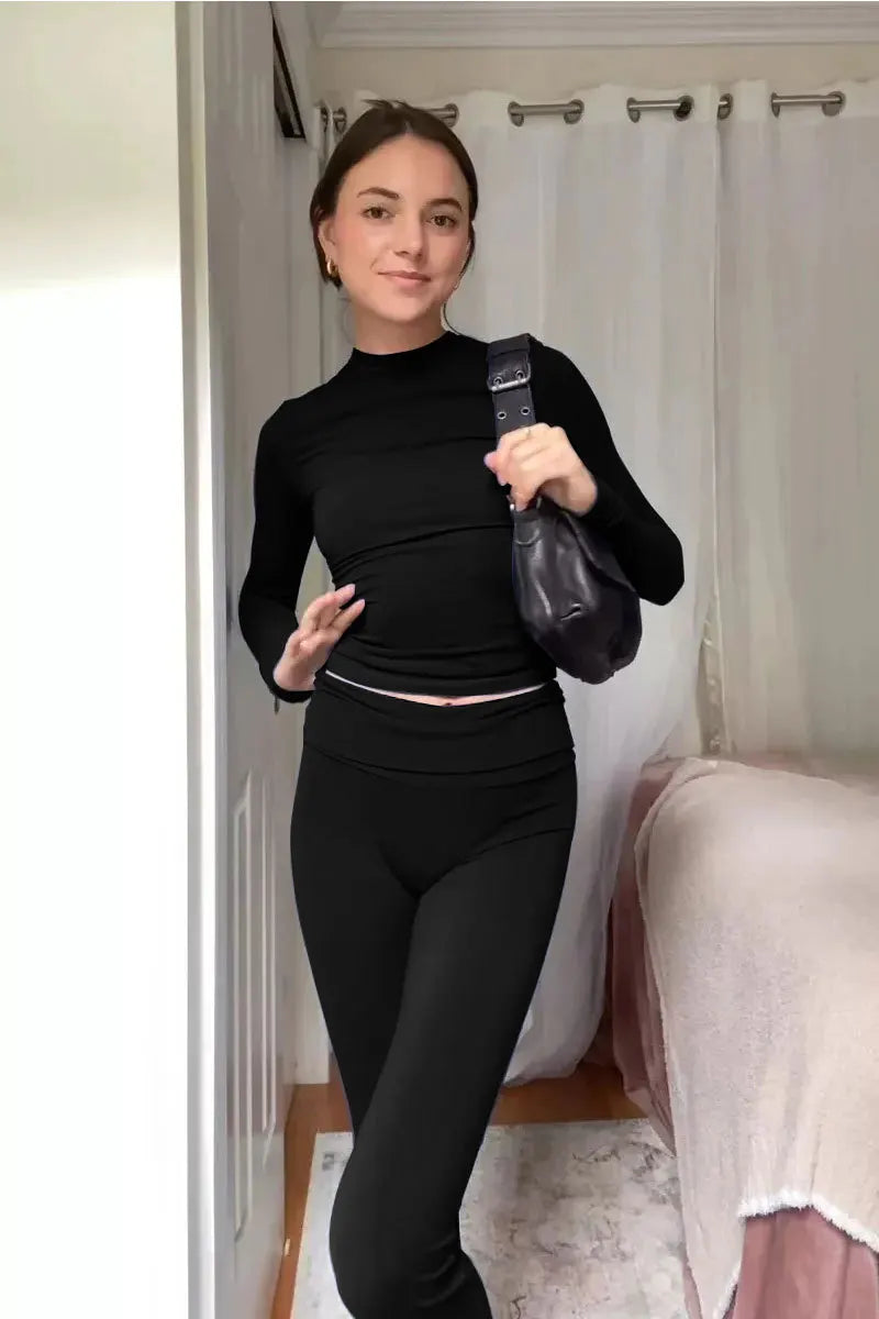 New Women’s Fashion Two‑Piece Set Top and Pants High Waist Long Pants Short or Long Sleeve Round Neck T‑Shirt Spring Autumn Summer