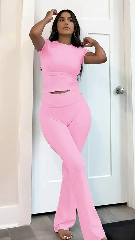 Womens Two-Piece Yoga Set, Short-Sleeved Top, Flared Pants