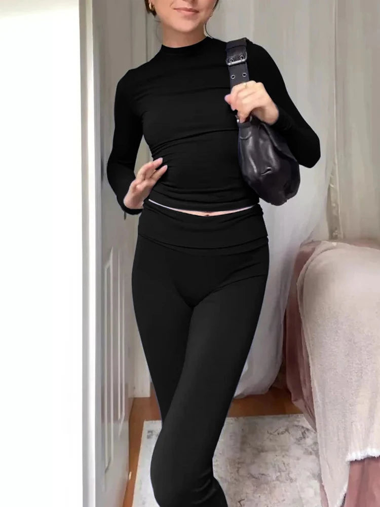 Women’s 2 Piece Lounge Set Fold Over Flare Pants and Cropped Top Slim Fit Casual Pajama Outfit