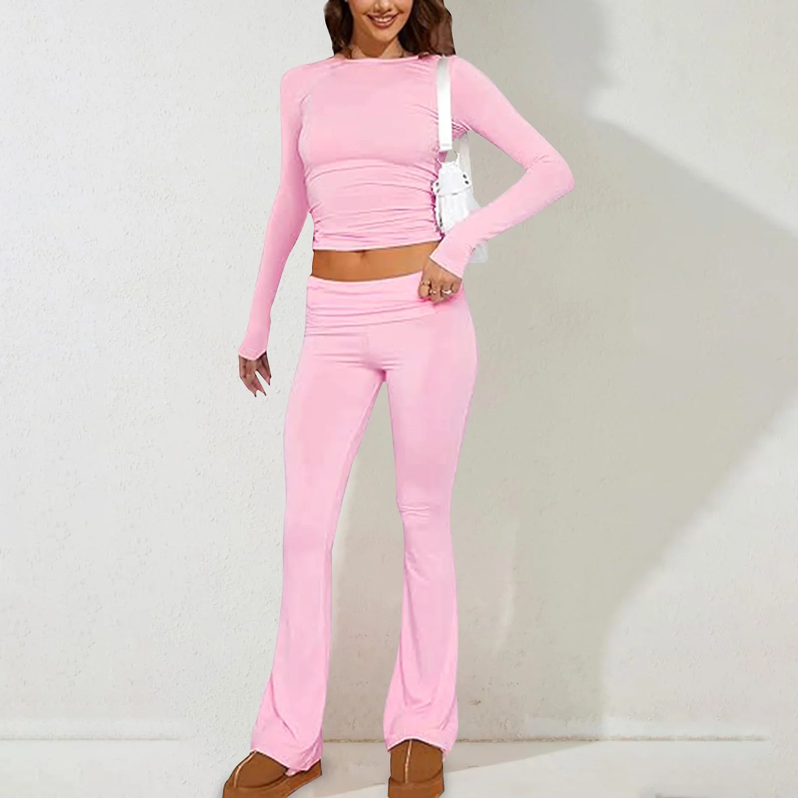 Women’s Casual Long Sleeve Knitted Pants Set Pure Color Slim Fit Spring Summer Fashionable Commute Style Ladies Suit