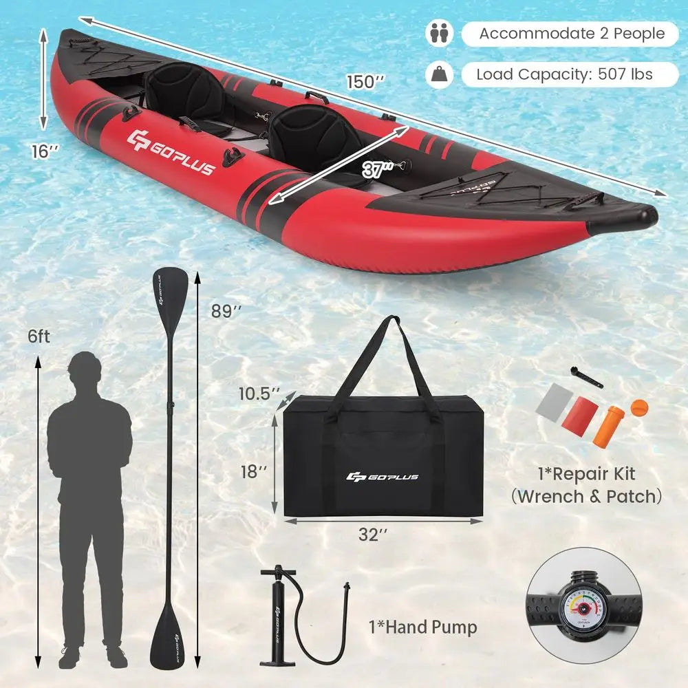 Tandem Inflatable Kayak 12.5FT 2‑Person Kayak for Adults 507 lbs Capacity with Aluminium Oars Padded Seat 2 Fins and Hand Pump