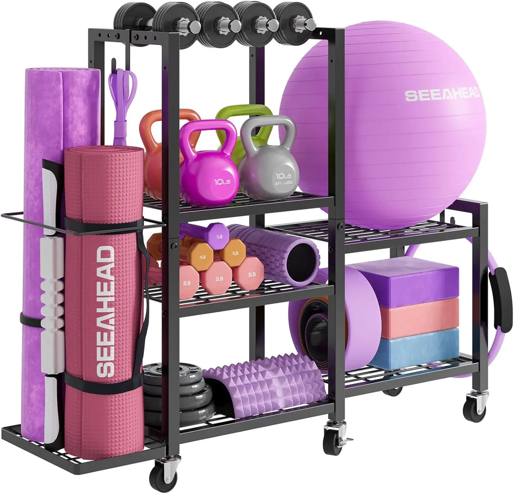6 Tier Adjustable Gym Storage Rack with Wheels for Dumbbells Yoga Mats and Fitness Equipment