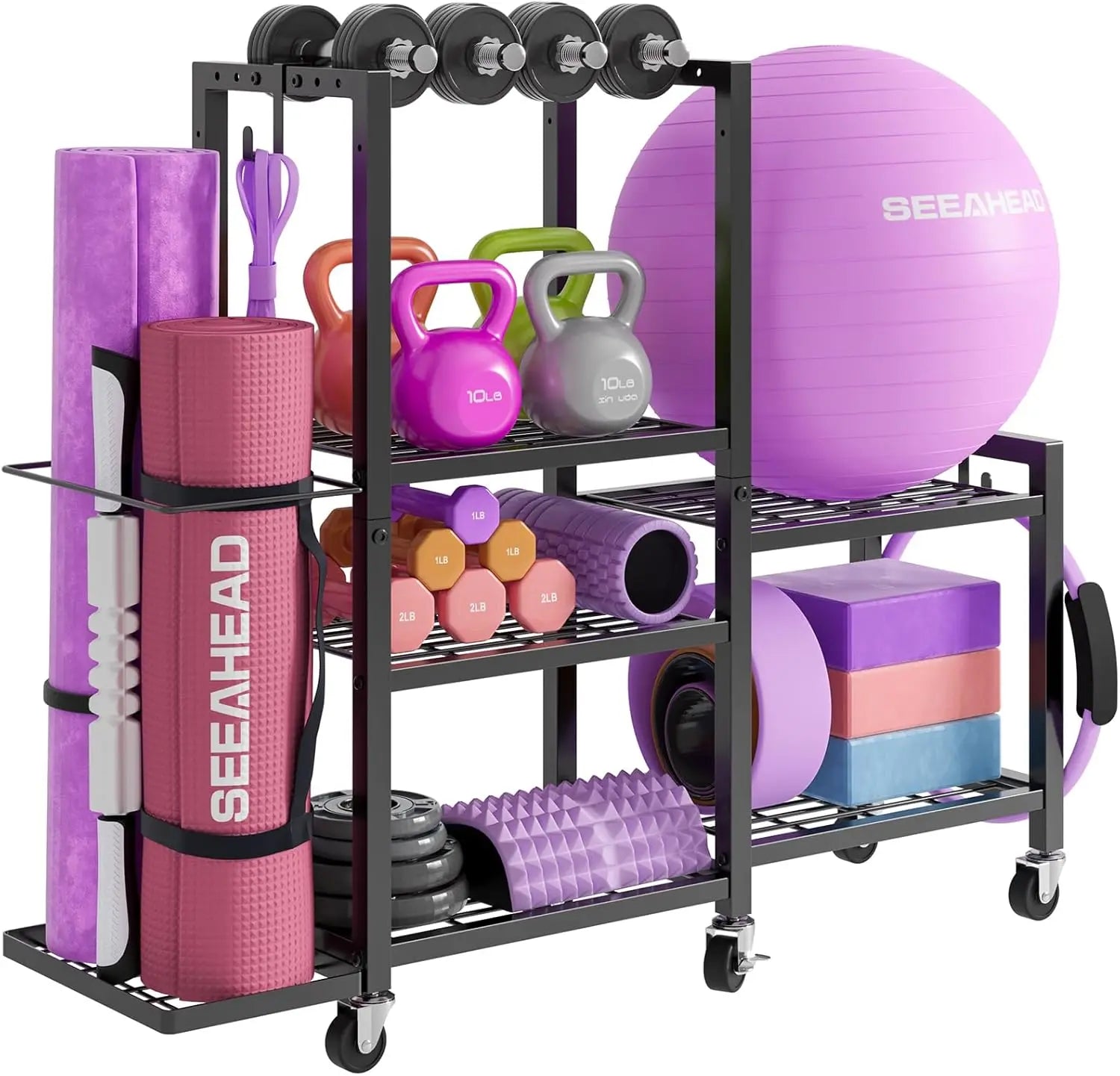 6 Tier Adjustable Gym Storage Rack with Wheels for Dumbbells Yoga Mats and Fitness Equipment