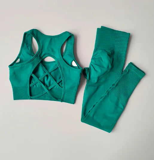 2PCS Sports Bra Women Set Professional Fitness Tank Top Bra Shockproof Running Leggings Yoga Suit Beautiful Back Bra Clothing