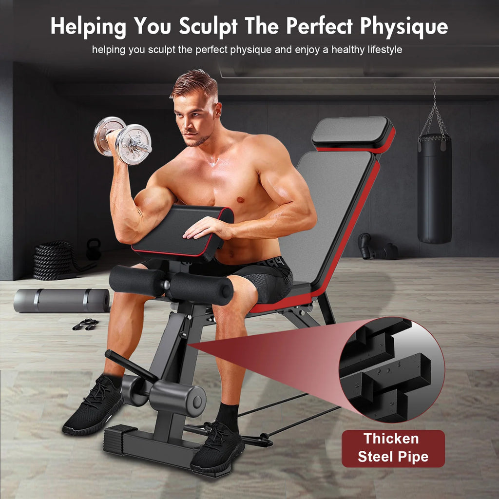 7 Level Foldable Weight Bench with Adjustable Leg Extension and Extended Headrest designed for Dumbbell Training and Full Body Strength Work