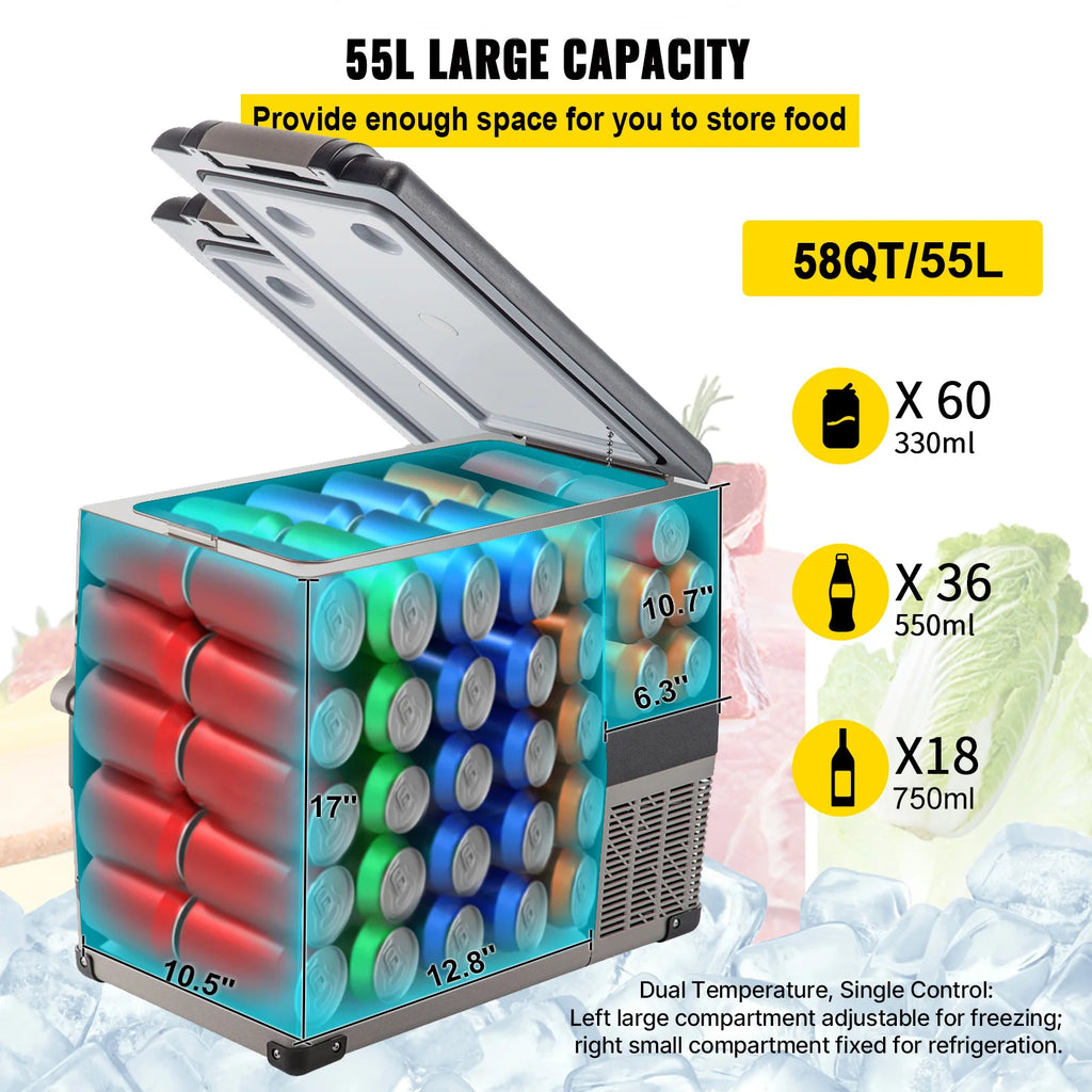 55L Car Refrigerator Mini Fridge Freezer Portable Compressor Cooler DC 110 to 240V Ice Box for Camping and Picnic