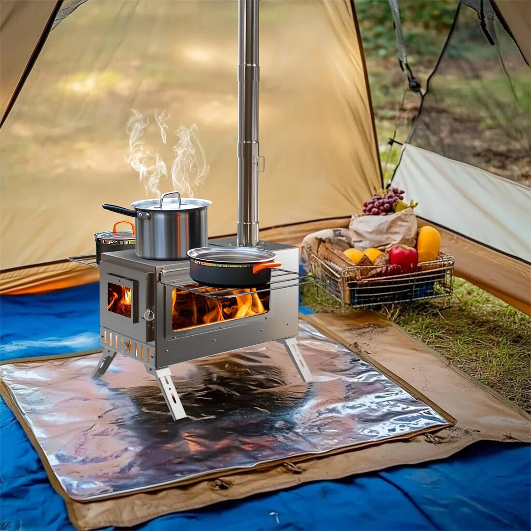 Hot Tent Stove, Wood Burning Stove, Portable Wood Stove with 6 Stainless Steel Chimney Pipes for Outdoor Heating and Cooking