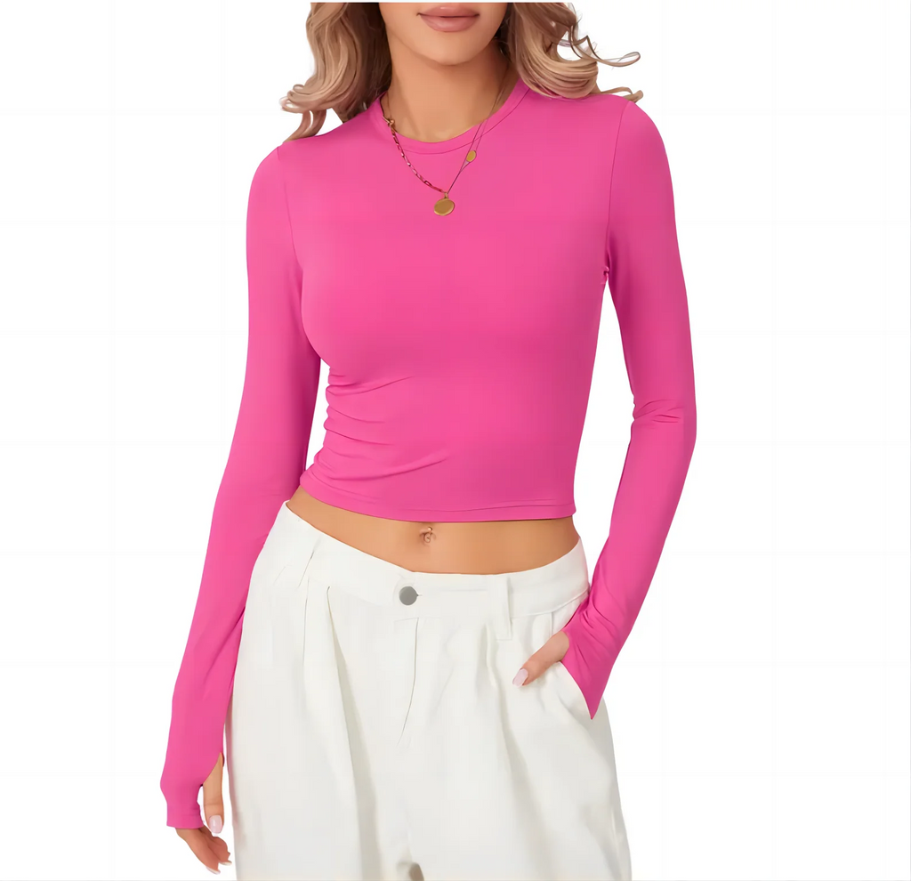 Womens Casual Sports Long Sleeve T Shirt Slim Fit Solid Color Top for Spring and Autumn