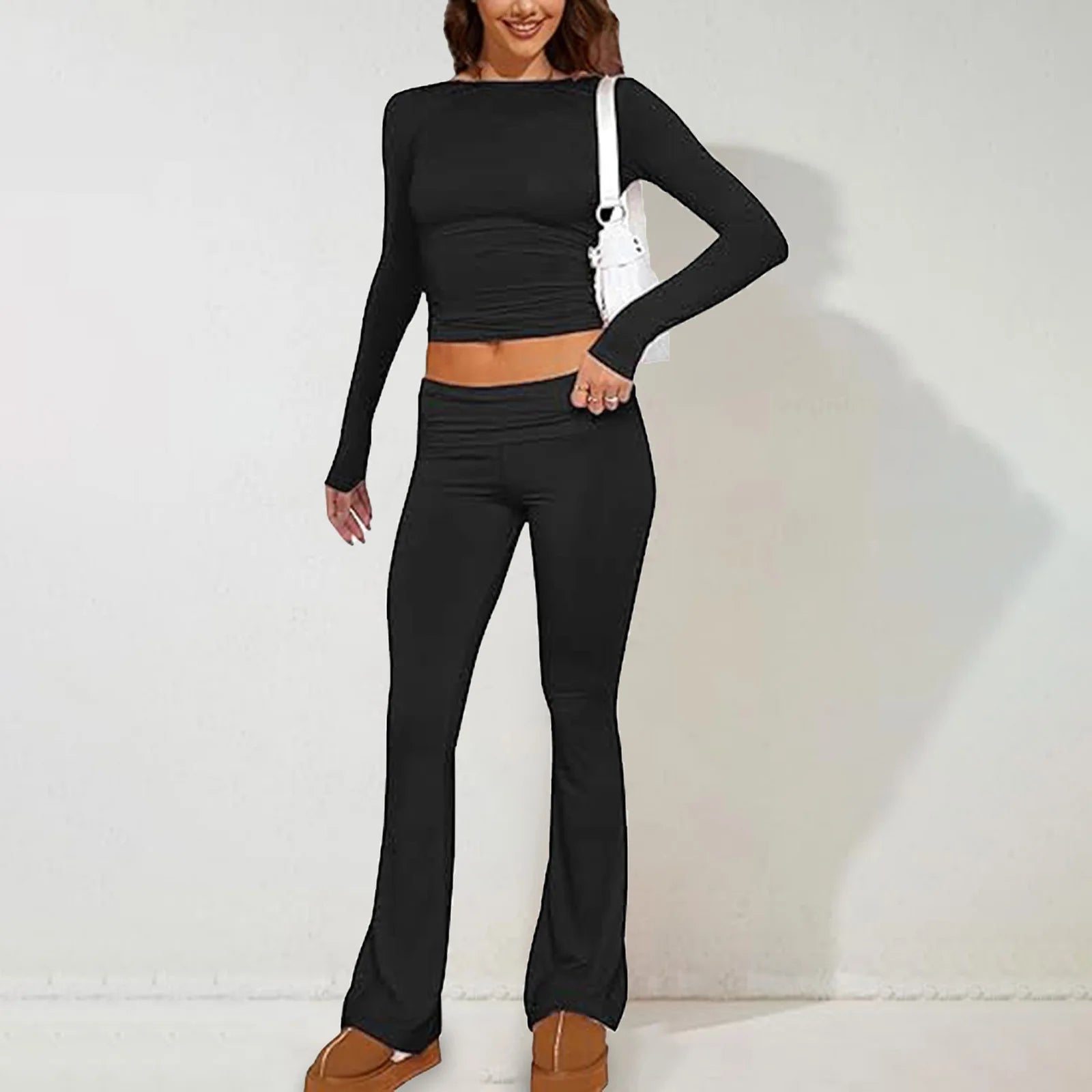 Women’s Casual Long Sleeve Knitted Pants Set Pure Color Slim Fit Spring Summer Fashionable Commute Style Ladies Suit