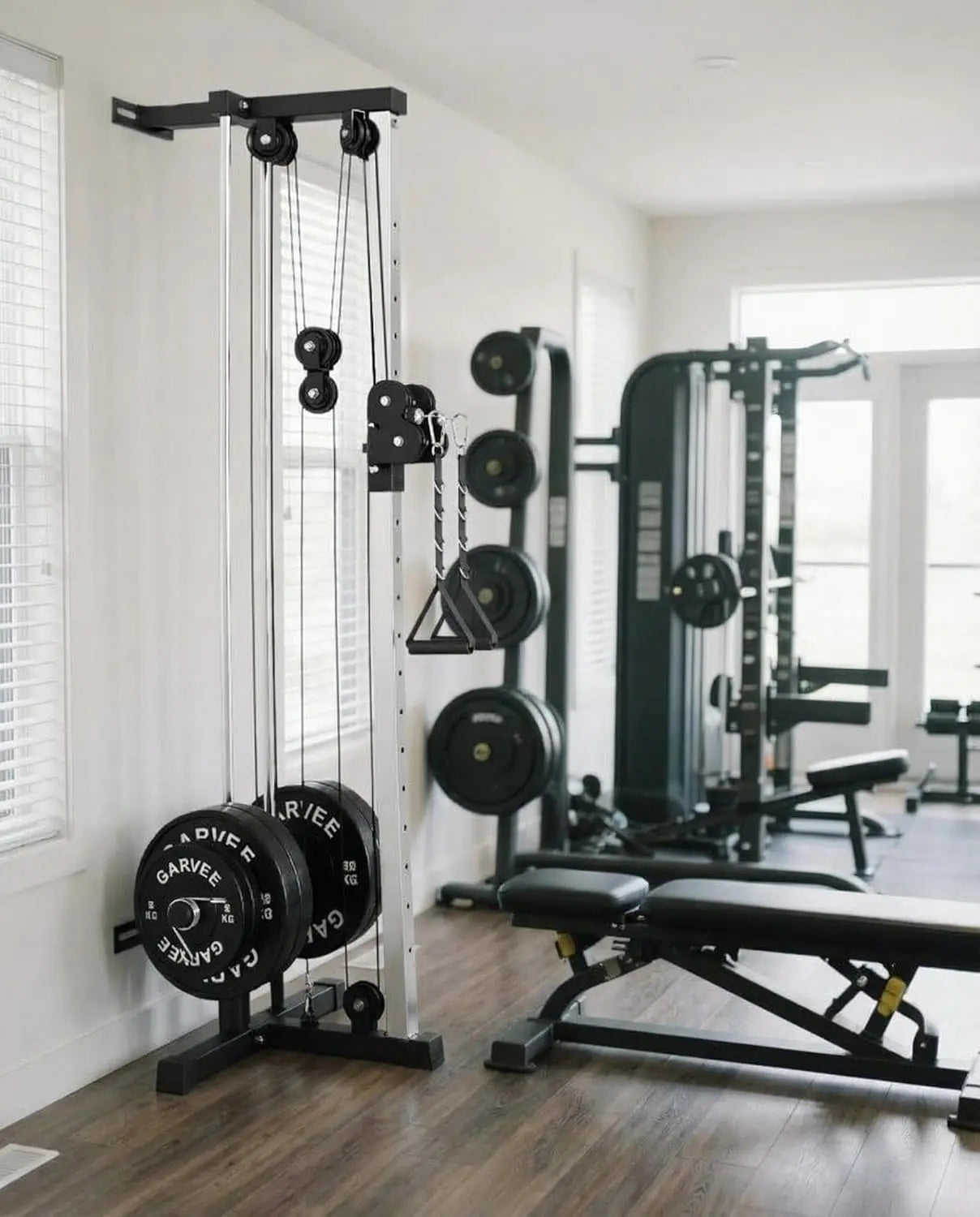 Wall Mount Cable Station Dual Pulley Cable Crossover Machine LAT Pulldown Bar and Foot Board for Home Gym Strength Training