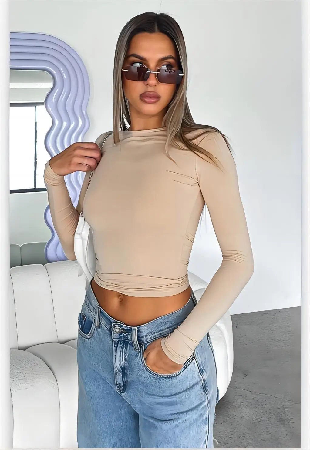 Womens Casual Sports Long Sleeve T Shirt Slim Fit Solid Color Top for Spring and Autumn