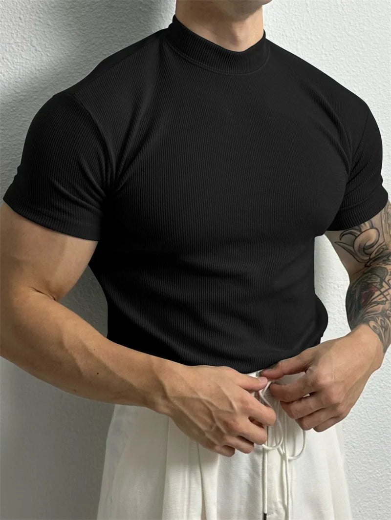 Mens Small High Collar Stripe T Shirt Short Sleeve Fitness Top Casual Sport T Shirt