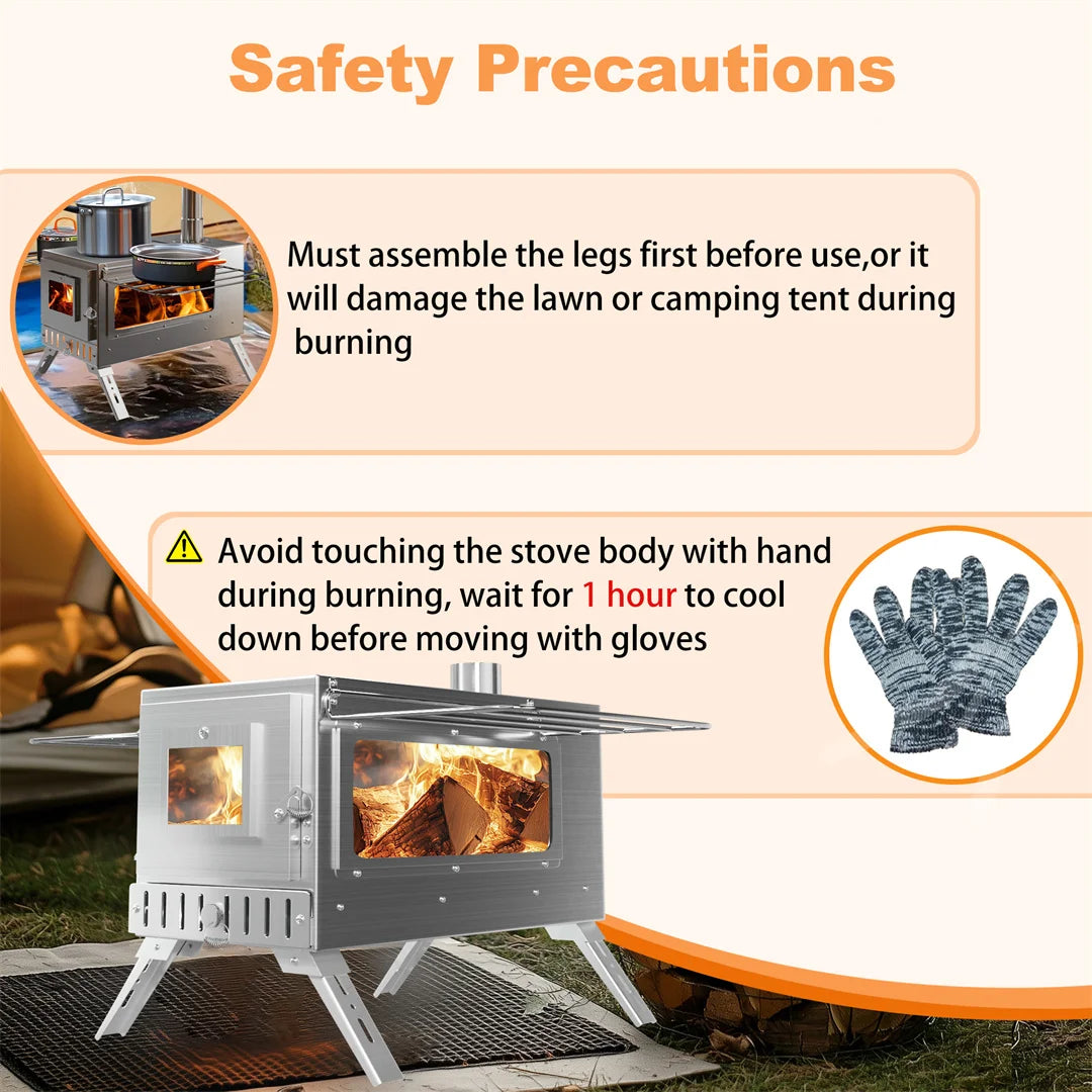 Hot Tent Stove, Wood Burning Stove, Portable Wood Stove with 6 Stainless Steel Chimney Pipes for Outdoor Heating and Cooking