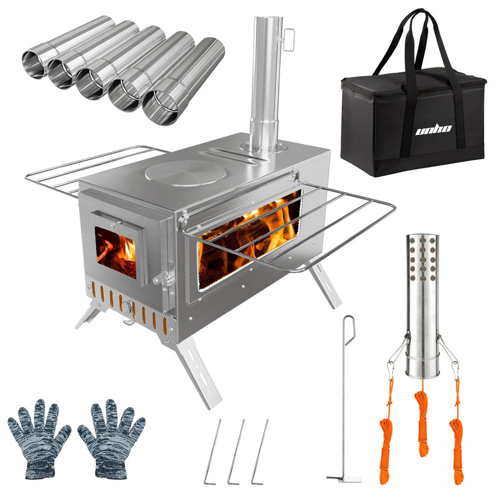 Hot Tent Stove, Wood Burning Stove, Portable Wood Stove with 6 Stainless Steel Chimney Pipes for Outdoor Heating and Cooking