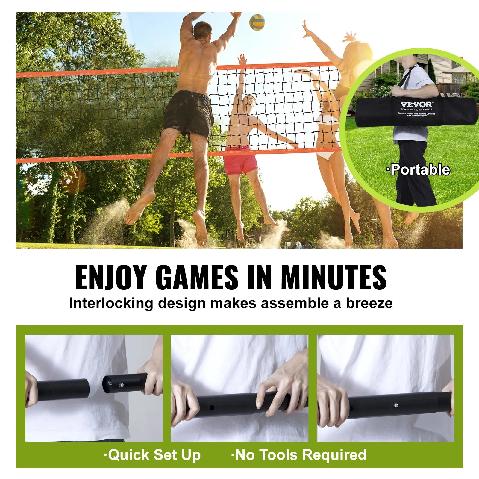 Portable Volleyball Net System Adjustable Height with Aluminum Poles Complete Set with Pump and Carry Bag