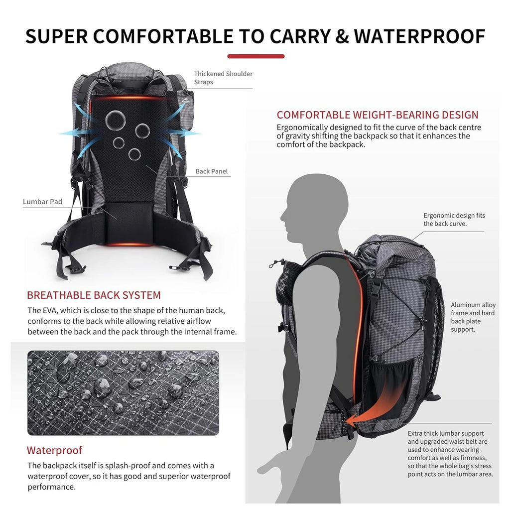 Outdoor Mountain Backpack 60+5L Waterproof High Capacity Sports Climbing Hiking Travel Bag with Rain Cover