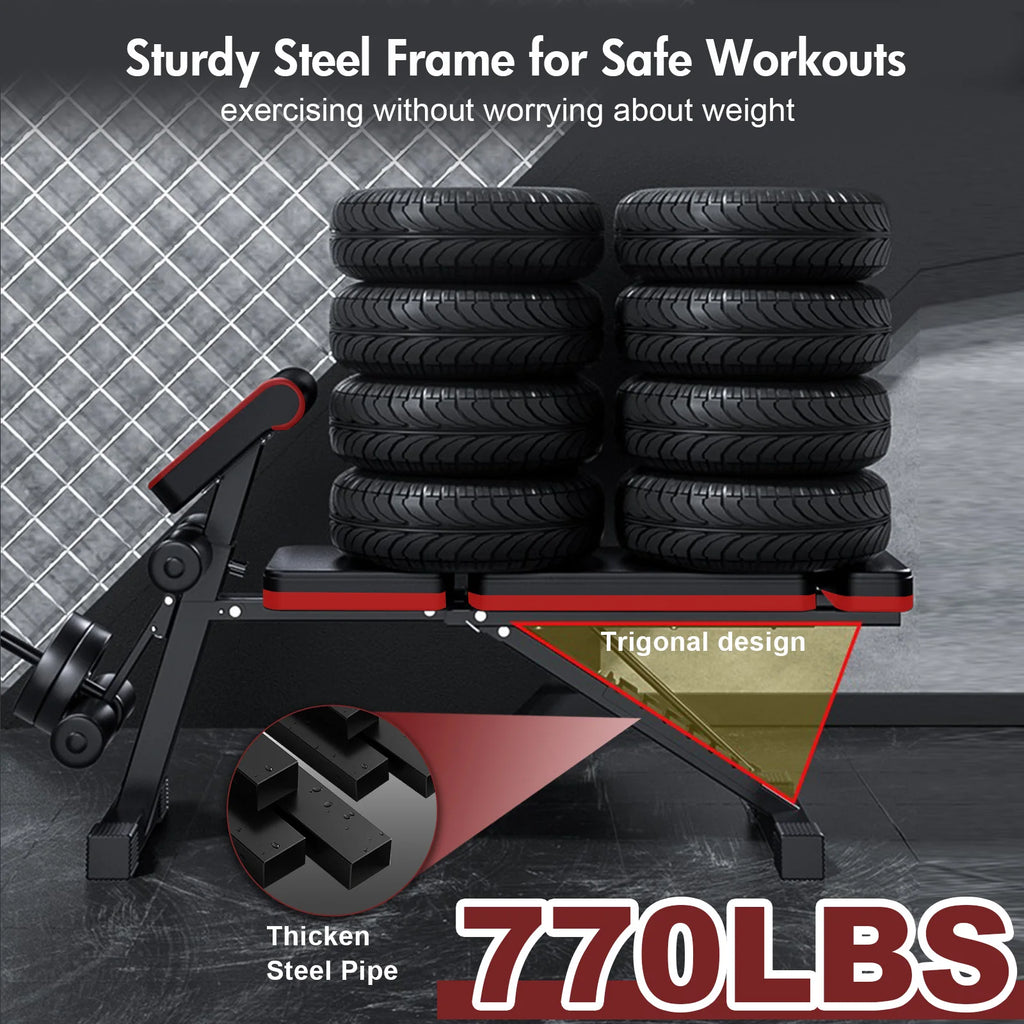 7 Level Foldable Weight Bench with Adjustable Leg Extension and Extended Headrest designed for Dumbbell Training and Full Body Strength Work