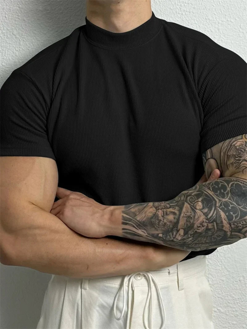Mens Small High Collar Stripe T Shirt Short Sleeve Fitness Top Casual Sport T Shirt