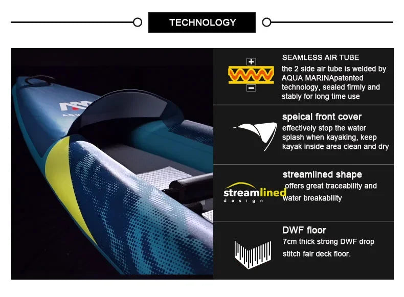 STEAM Aqua Marina Kayak 2025 Upgraded Printing Pattern Reinforced PVC Drop‑Stitch Floor V‑Shape Keel High‑Back Seat Fins and Footrest, Single or Tandem