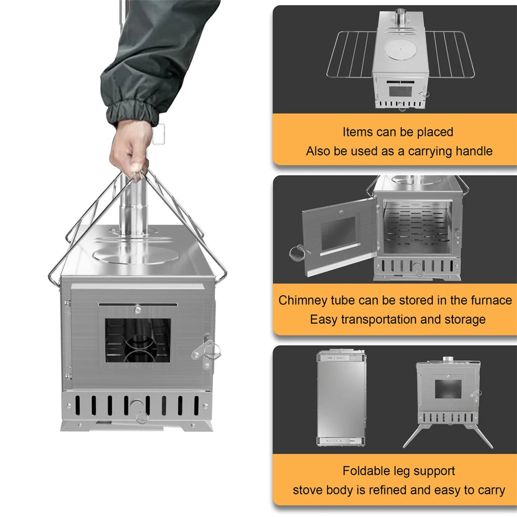 Hot Tent Stove, Wood Burning Stove, Portable Wood Stove with 6 Stainless Steel Chimney Pipes for Outdoor Heating and Cooking