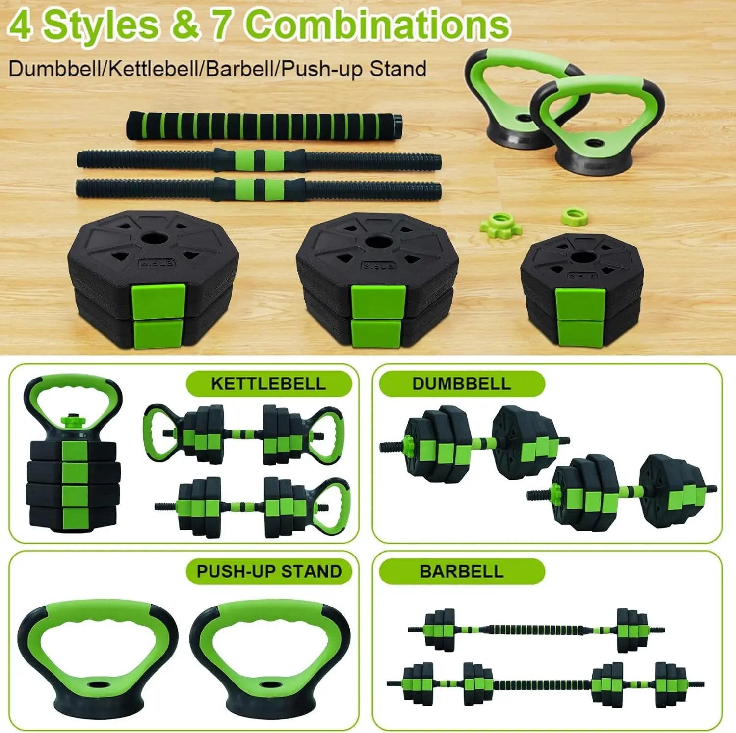 66 lb / 88 lb 4‑in‑1 Adjustable Kettlebell and Dumbbell Set, Converts to Kettlebells, Barbell, and Push‑Up Stands for Home and Gym Training