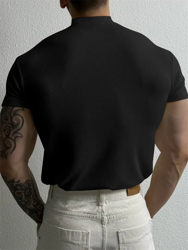 Mens Small High Collar Stripe T Shirt Short Sleeve Fitness Top Casual Sport T Shirt