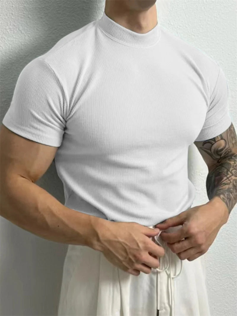 Mens Small High Collar Stripe T Shirt Short Sleeve Fitness Top Casual Sport T Shirt