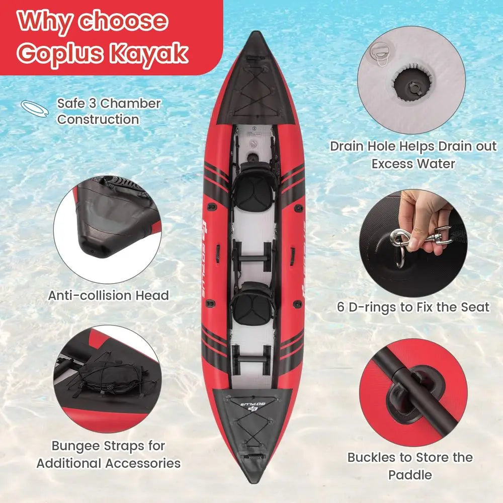 Tandem Inflatable Kayak 12.5FT 2‑Person Kayak for Adults 507 lbs Capacity with Aluminium Oars Padded Seat 2 Fins and Hand Pump