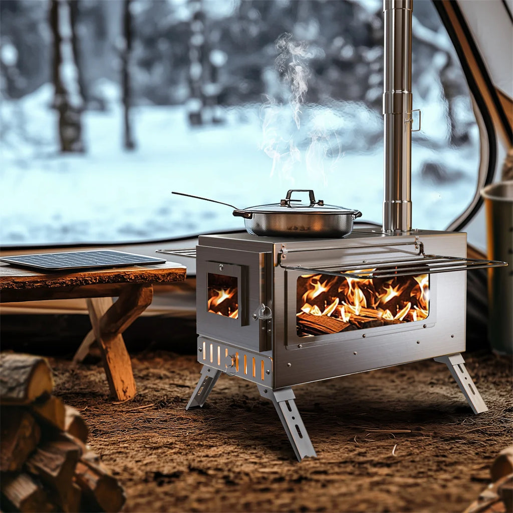Hot Tent Stove, Wood Burning Stove, Portable Wood Stove with 6 Stainless Steel Chimney Pipes for Outdoor Heating and Cooking