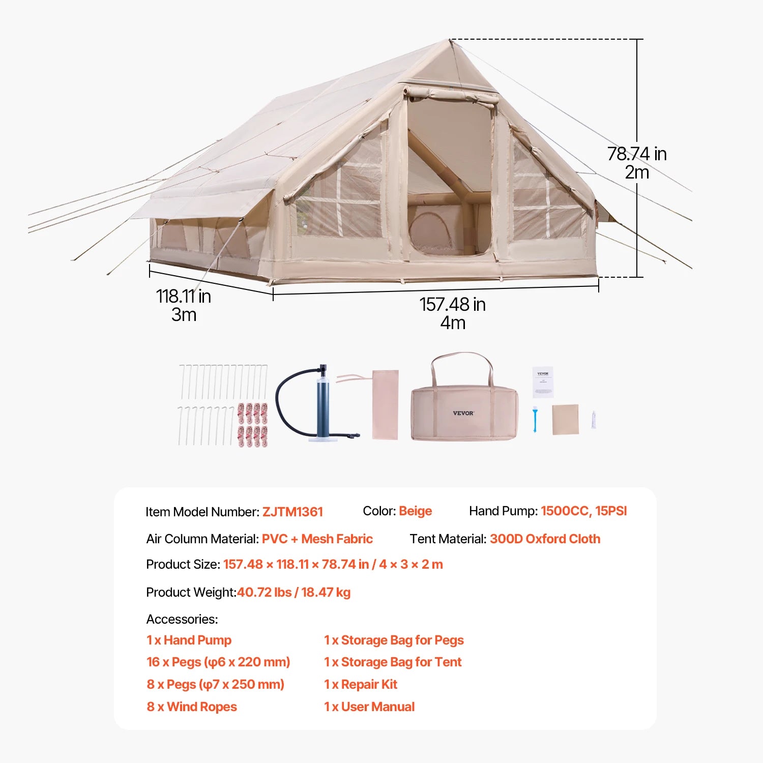 Inflatable Tent for Camp Easy Setup Blow Up Tent with Hand Pump 300D Oxford Tent with Stove Jack and Storage Bag Included