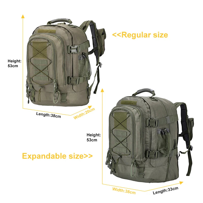 60L Men’s Tactical Travel Backpack, Expandable Hiking and Camping Pack, Army‑Style MOLLE 3‑Day Assault Rucksack