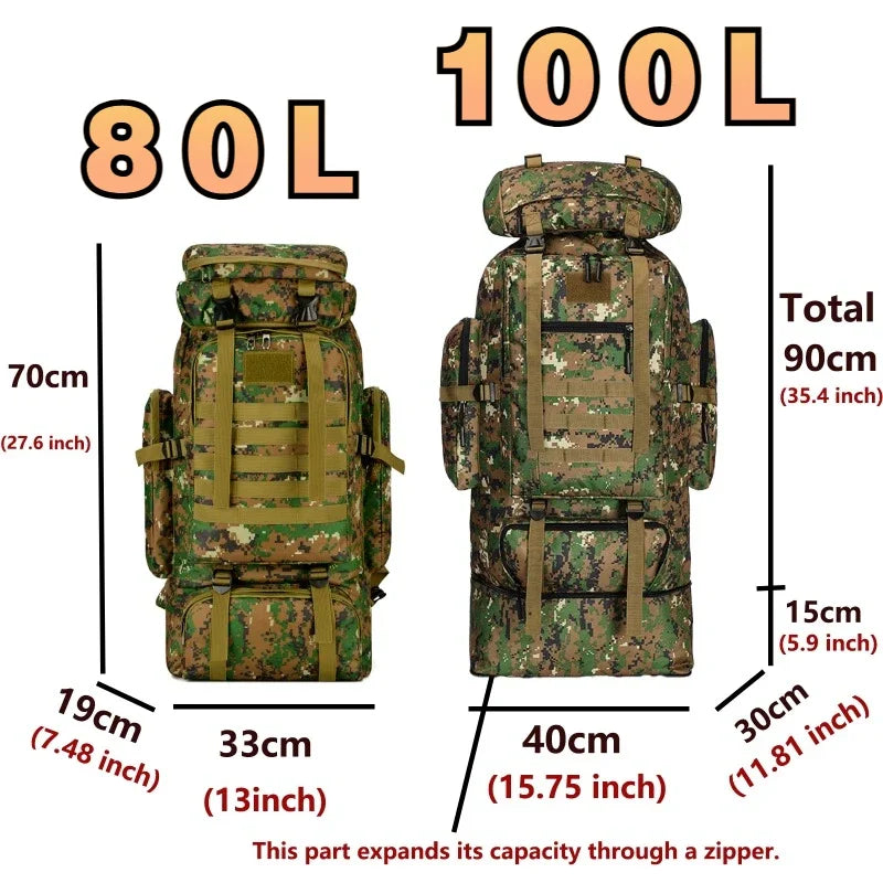 Large 80L 100L Mountaineering Backpack for Hiking Camping Travel and Tactical Outdoor Use