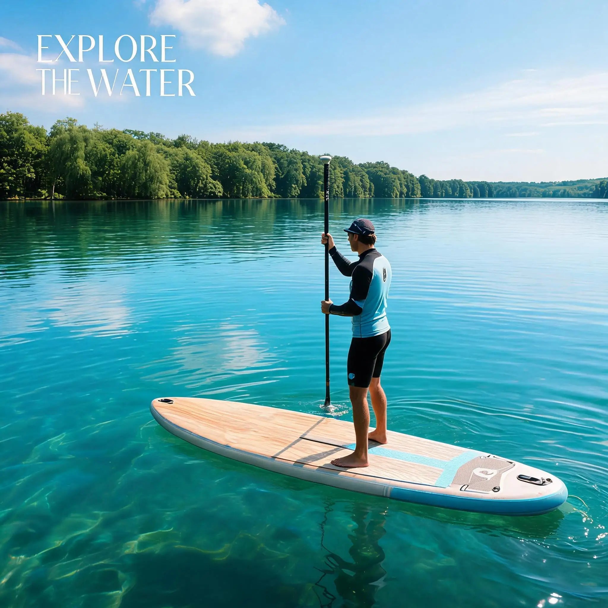 Inflatable Stand Up Paddle Board with Stable Non‑Slip EVA Deck, Gradient Light Wood‑Grain Design, Tri‑Fin System, High Weight Capacity, and Complete Kit with Paddle, Backpack, and Pump