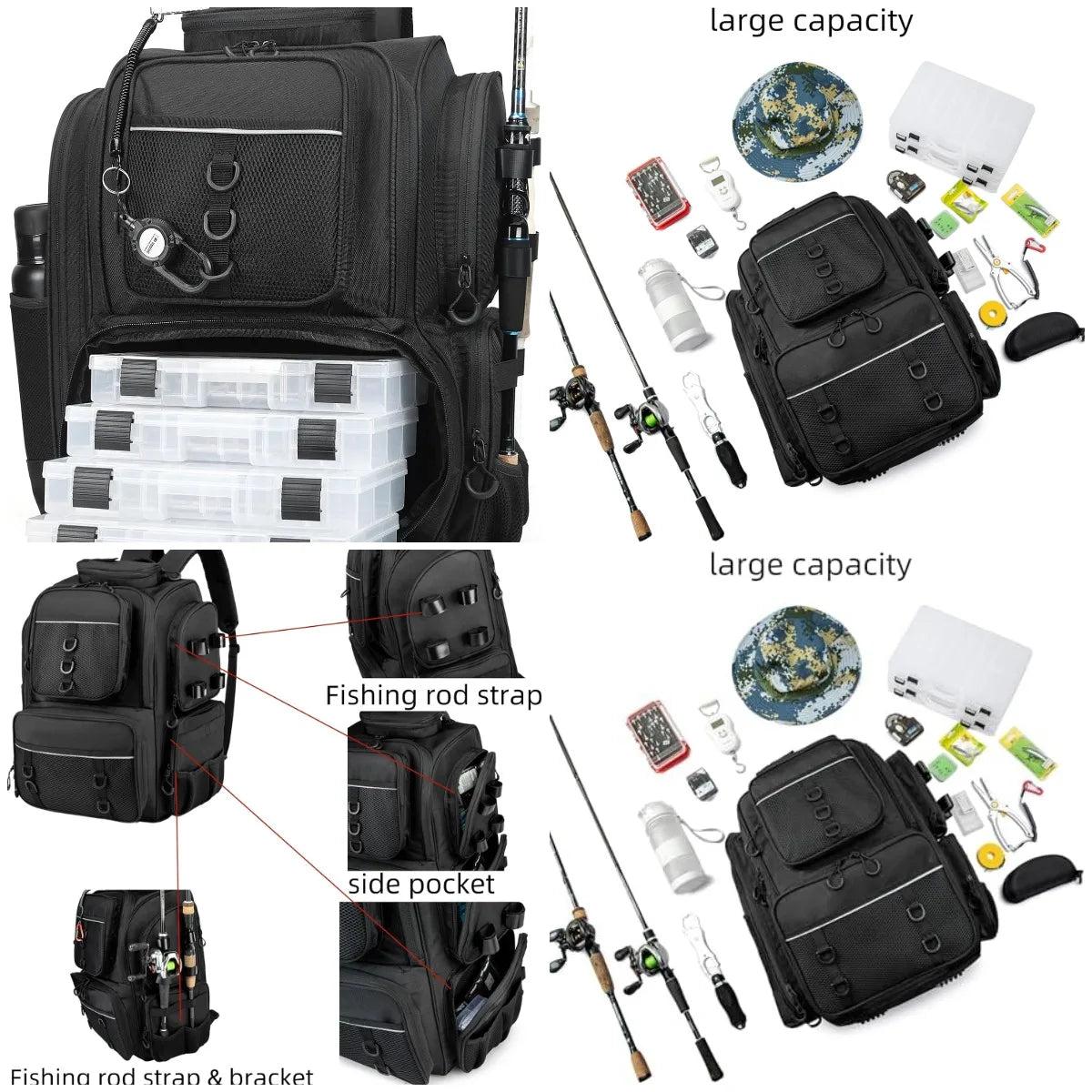 Fishing Backpack Tackle Bag with Tackle Boxes Large Strong Material Fishing Storage Pack